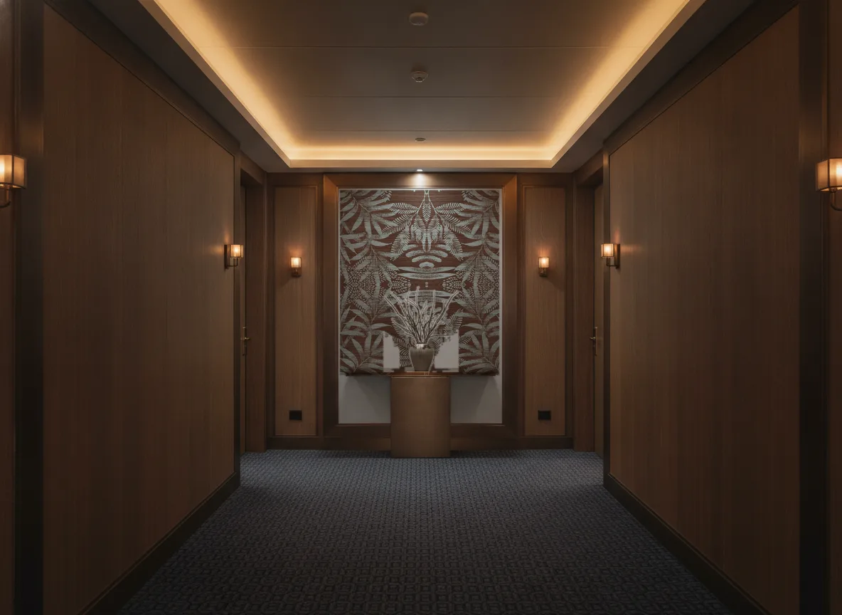 Mandrare — Ciemny korytarz hotelowy — ściana na końcu
