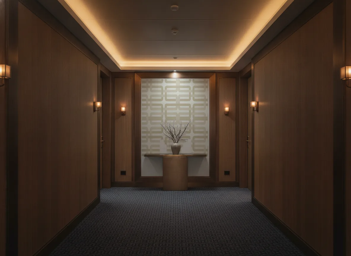Matjara — Ciemny korytarz hotelowy — ściana na końcu