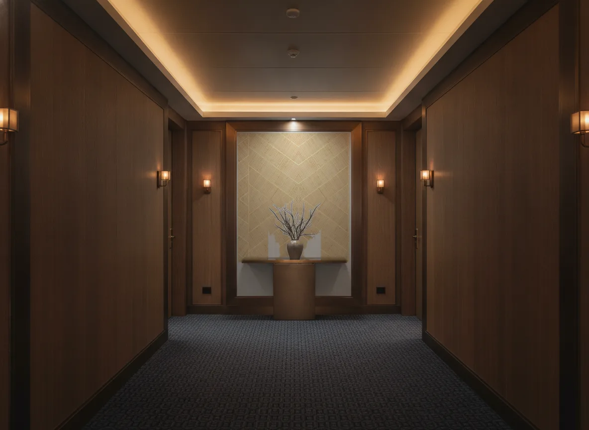 Merina — Ciemny korytarz hotelowy — ściana na końcu