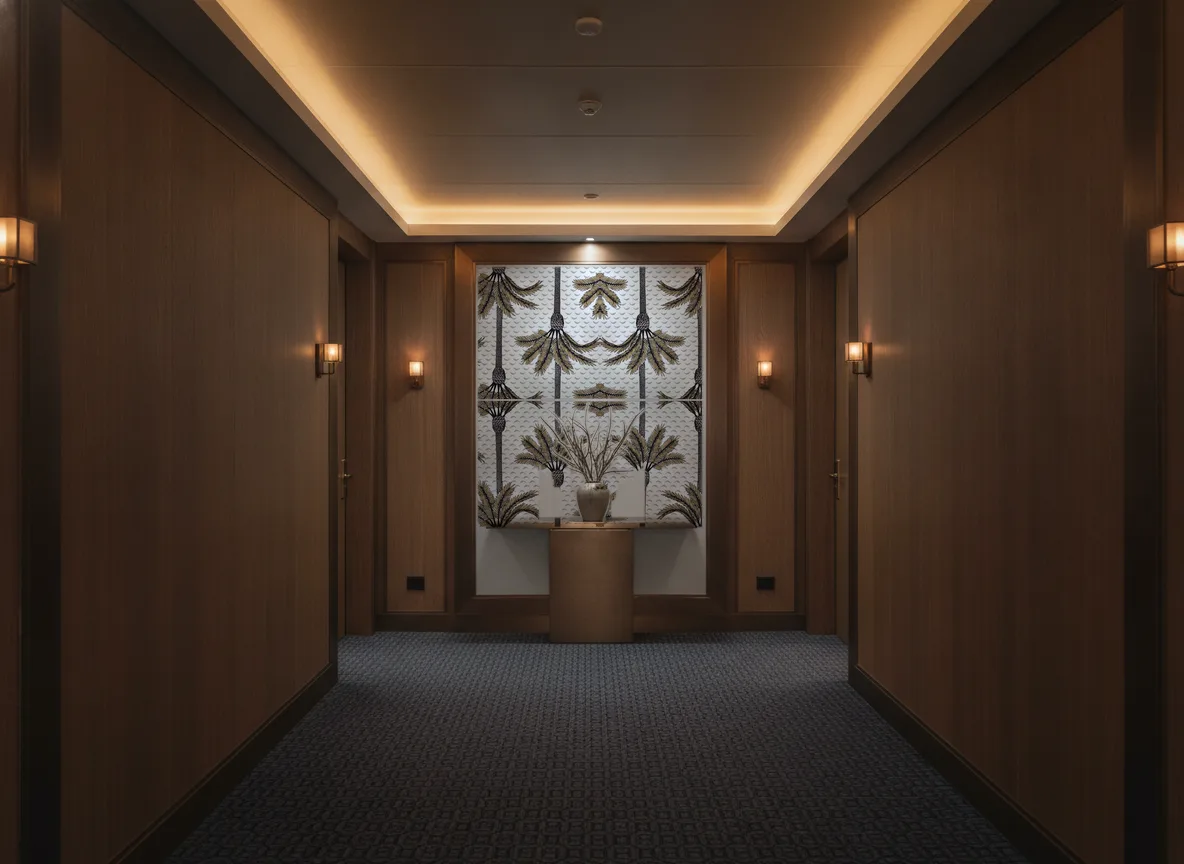 Mirage — Ciemny korytarz hotelowy — ściana na końcu