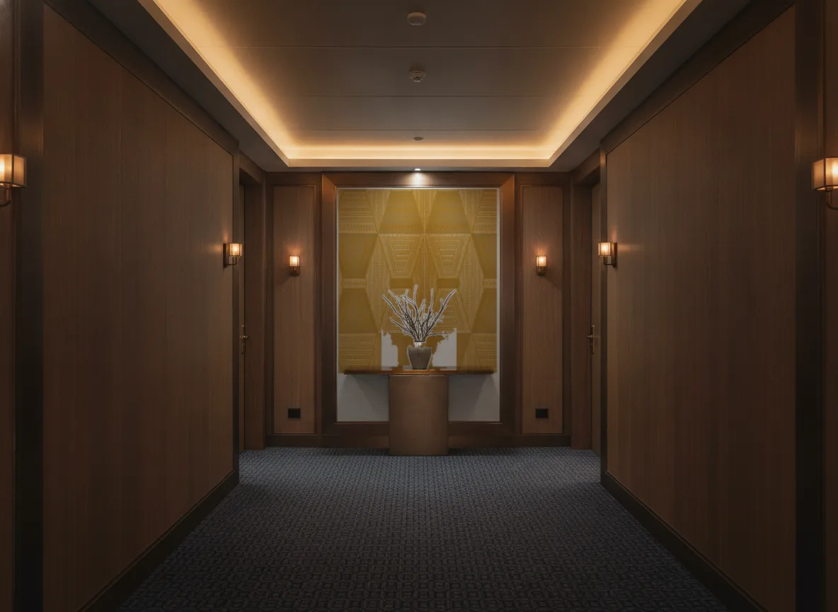 Mirage — Ciemny korytarz hotelowy — ściana na końcu