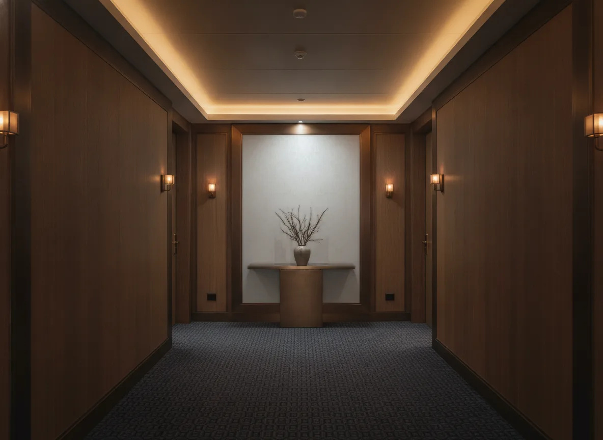 Mirage — Ciemny korytarz hotelowy — ściana na końcu