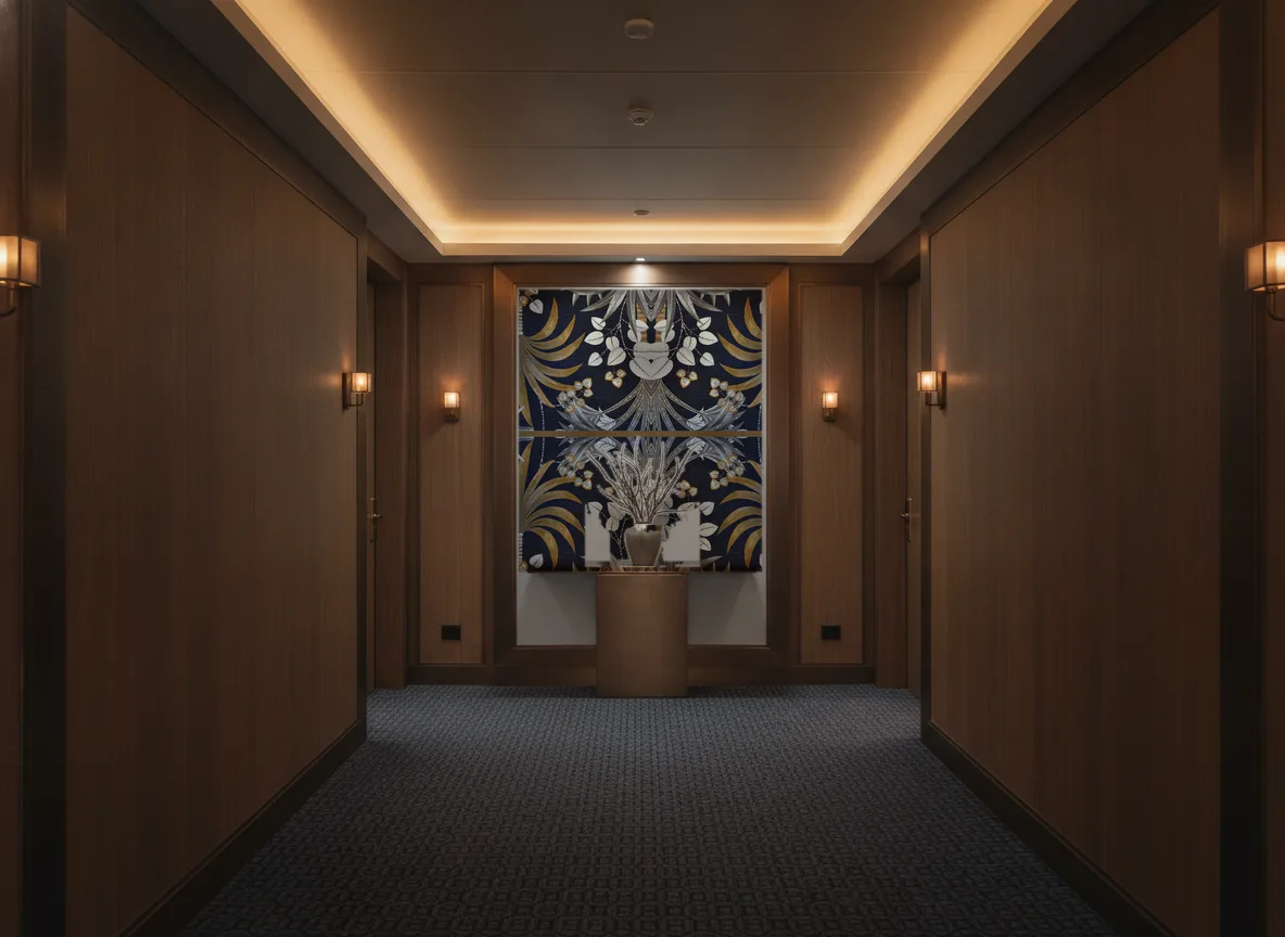 Mirissa — Ciemny korytarz hotelowy — ściana na końcu