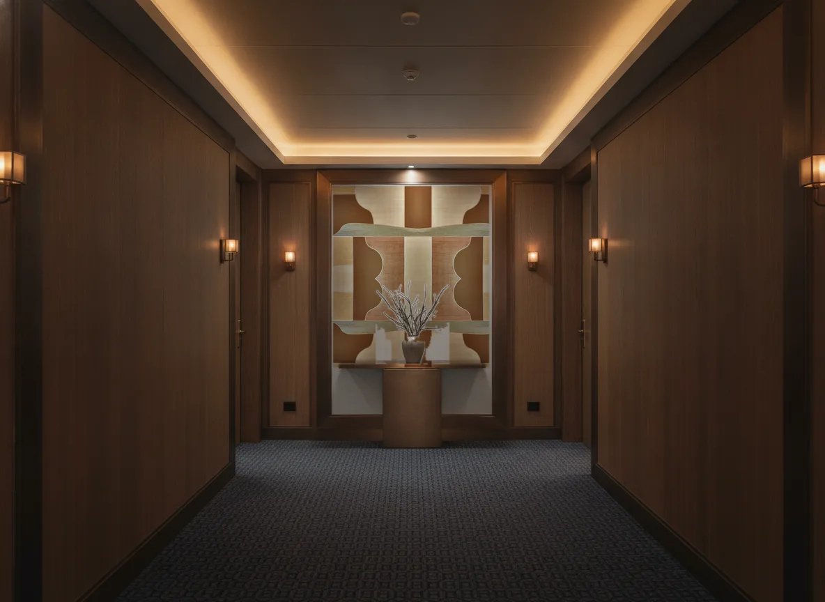 Modernismo — Ciemny korytarz hotelowy — ściana na końcu