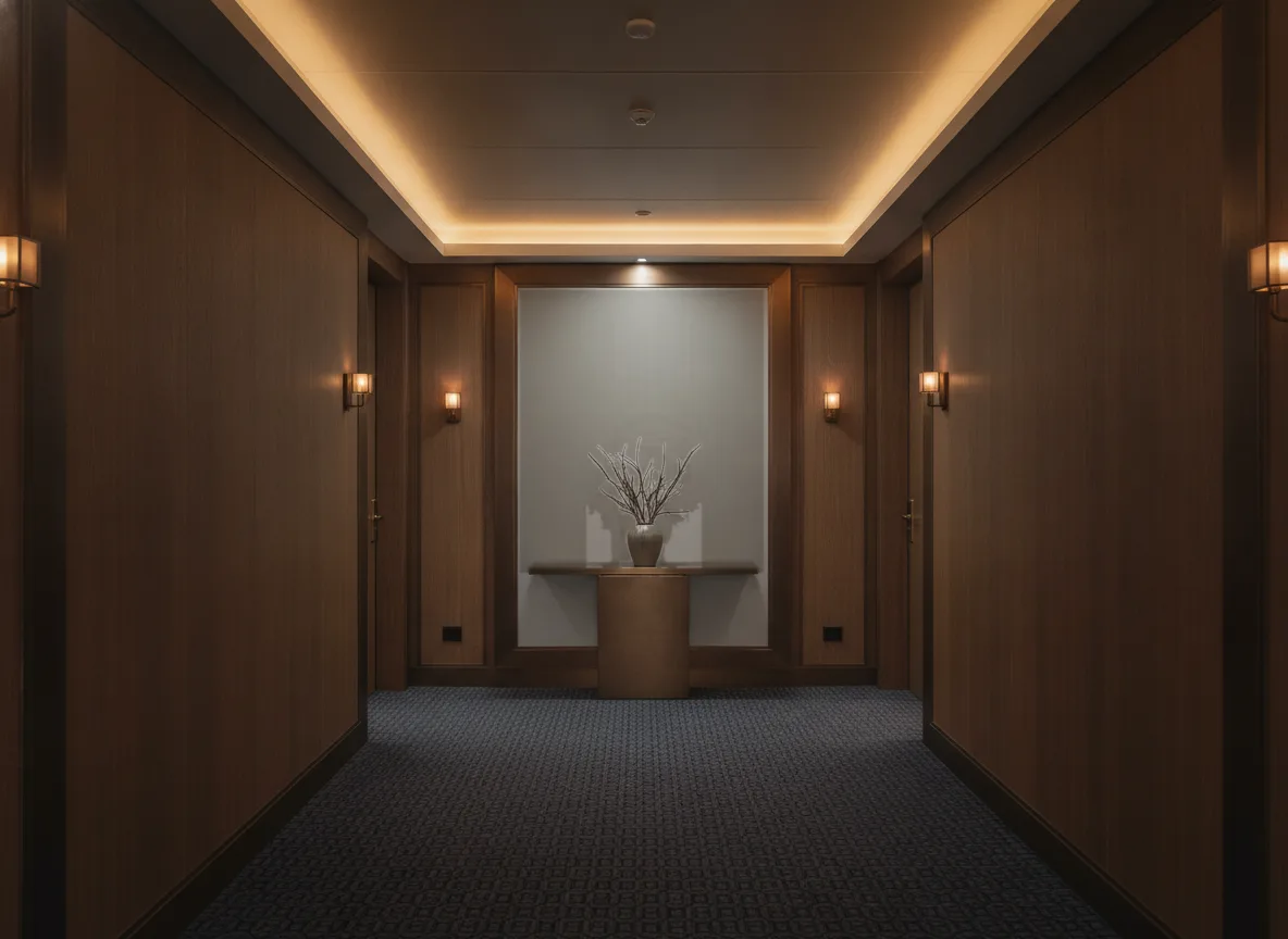 Nérikomi Texture Cerame — Ciemny korytarz hotelowy — ściana na końcu