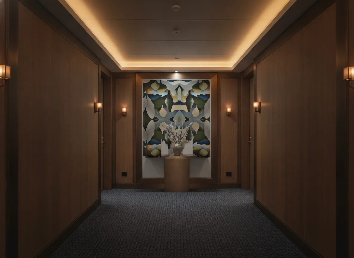 Orée — Ciemny korytarz hotelowy — ściana na końcu