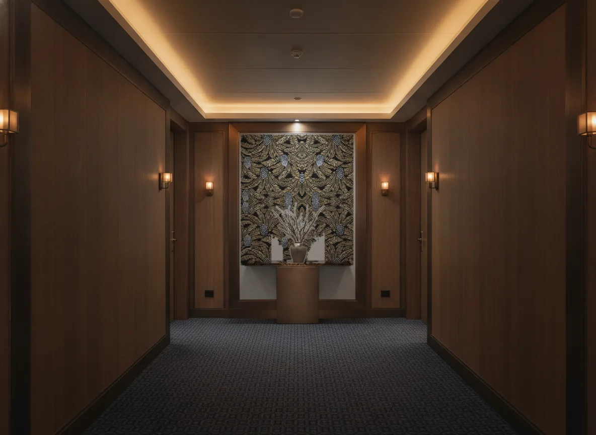 Palmeta — Ciemny korytarz hotelowy — ściana na końcu