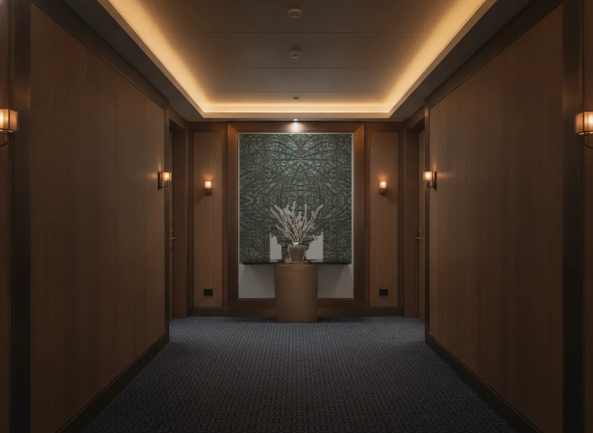 Palmyre — Ciemny korytarz hotelowy — ściana na końcu
