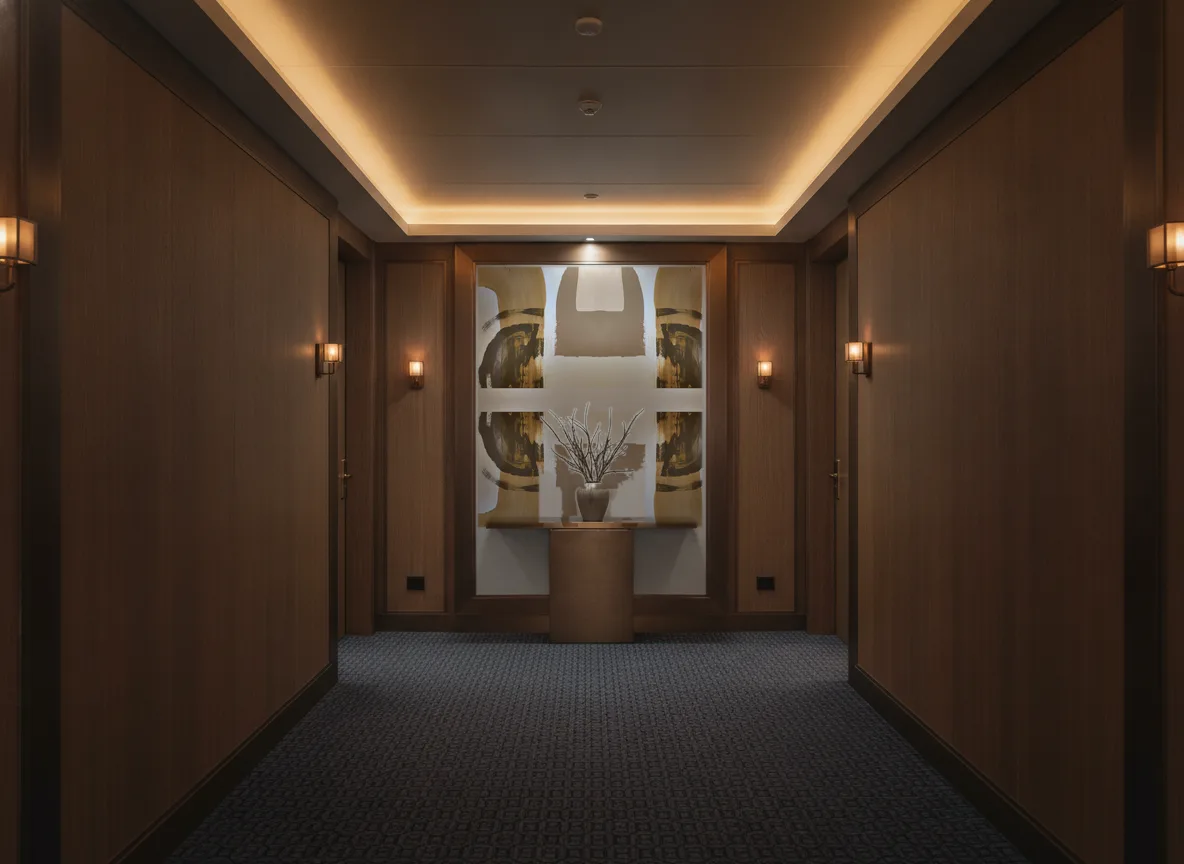 Papunya — Ciemny korytarz hotelowy — ściana na końcu