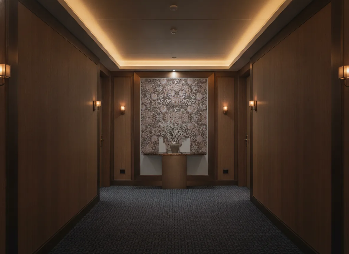 Persee — Ciemny korytarz hotelowy — ściana na końcu