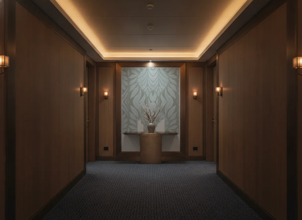 Printemps Viennois — Ciemny korytarz hotelowy — ściana na końcu