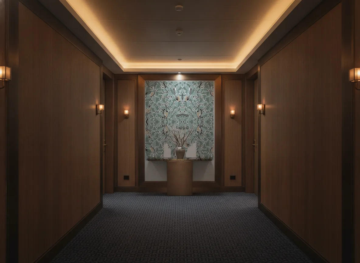 Printemps Viennois — Ciemny korytarz hotelowy — ściana na końcu