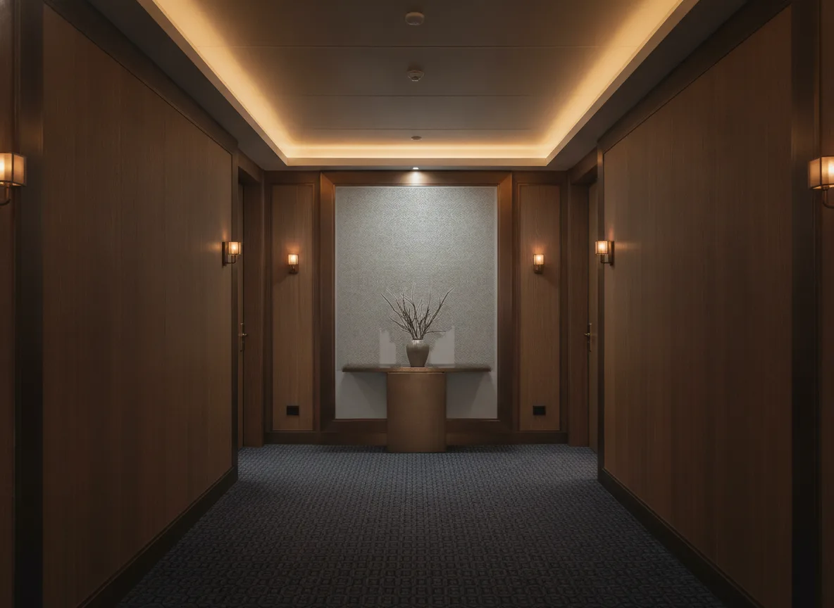 Radieuse — Ciemny korytarz hotelowy — ściana na końcu