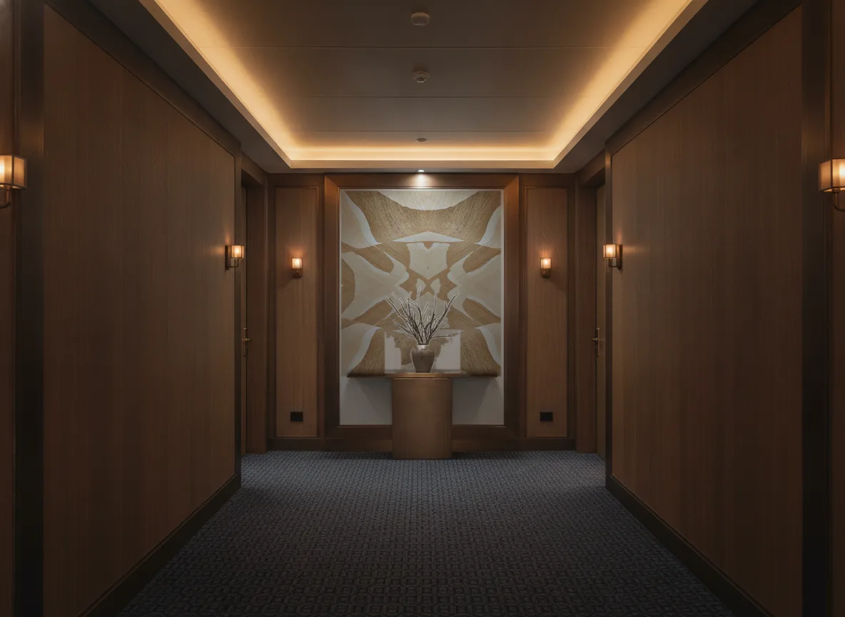 Rama — Ciemny korytarz hotelowy — ściana na końcu