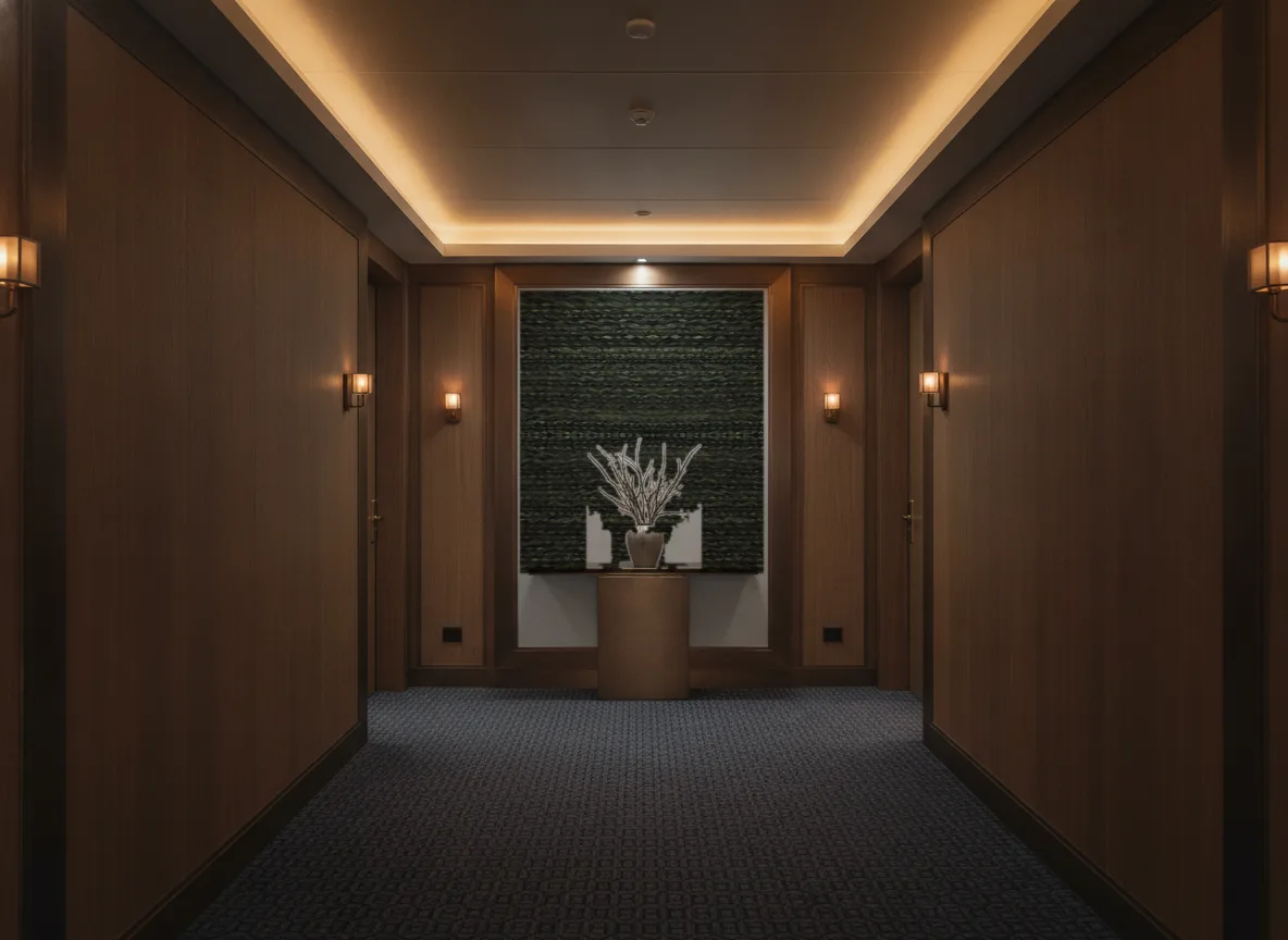 Saba Escambray — Ciemny korytarz hotelowy — ściana na końcu
