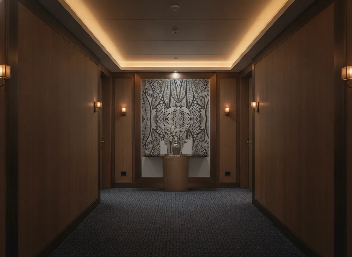 Sabal — Ciemny korytarz hotelowy — ściana na końcu