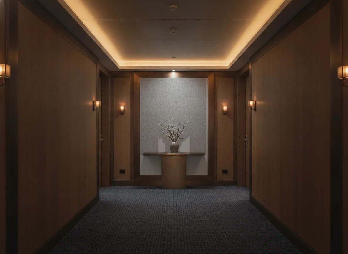 Saiho — Ciemny korytarz hotelowy — ściana na końcu