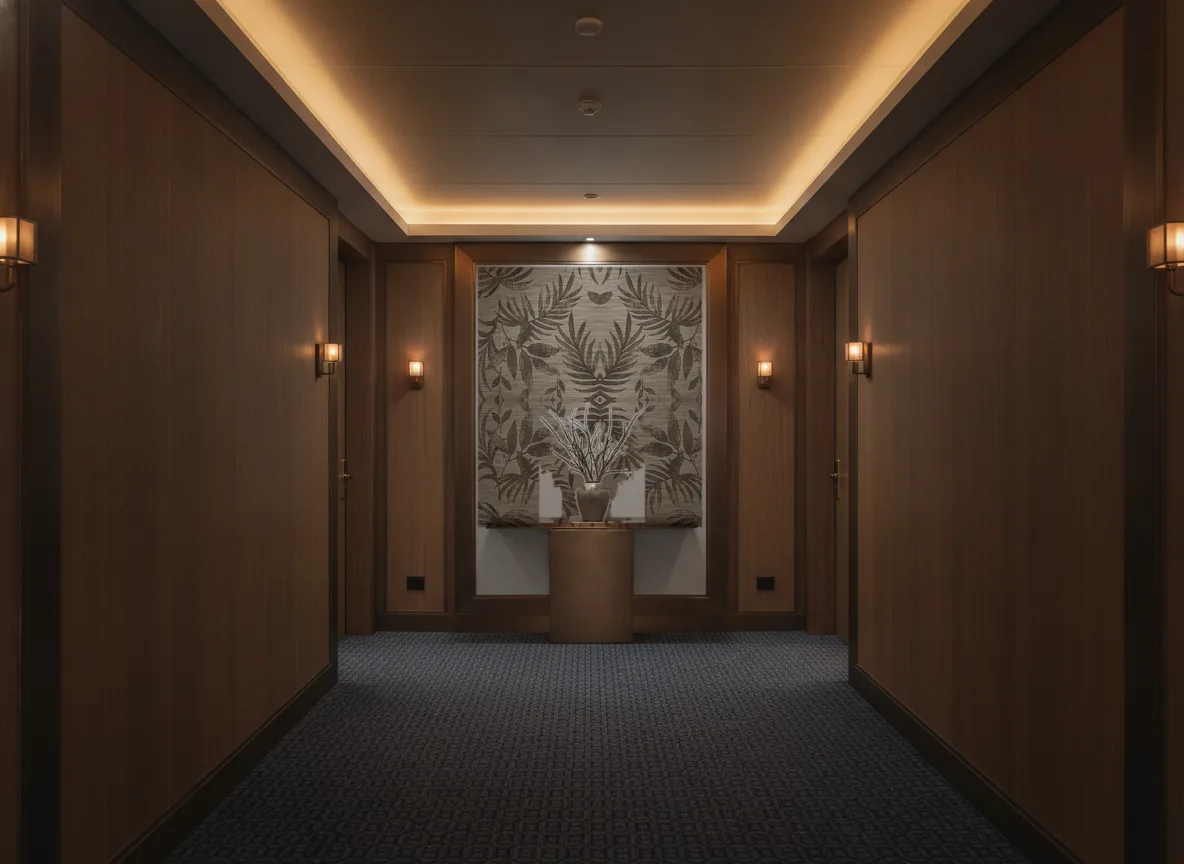 Salix Feroe — Ciemny korytarz hotelowy — ściana na końcu