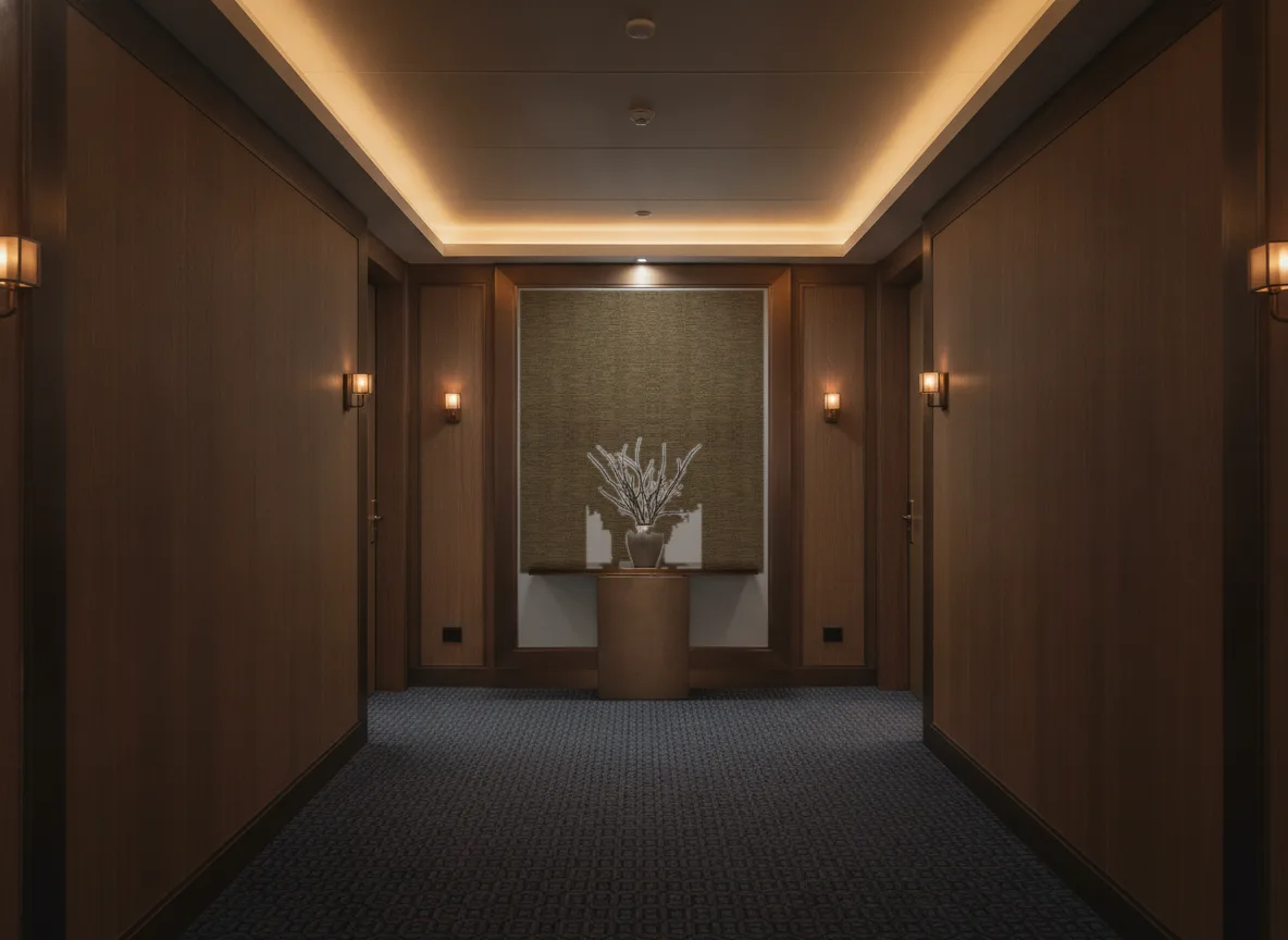Scandium — Ciemny korytarz hotelowy — ściana na końcu
