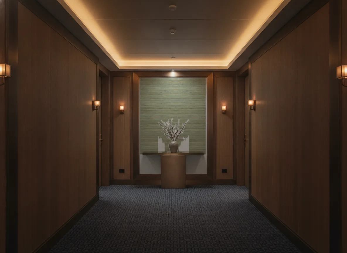 Seagrass — Ciemny korytarz hotelowy — ściana na końcu