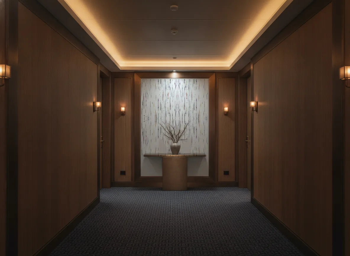 Sequoia Escambray — Ciemny korytarz hotelowy — ściana na końcu