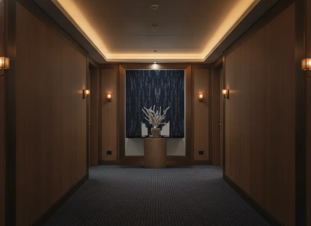 Sequoia Escambray — Ciemny korytarz hotelowy — ściana na końcu