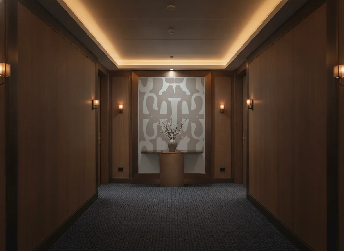 Seran — Ciemny korytarz hotelowy — ściana na końcu