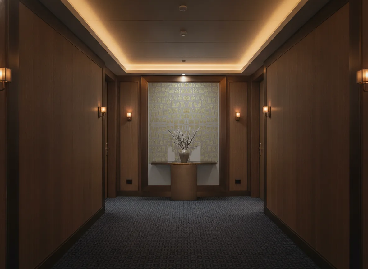 Serti — Ciemny korytarz hotelowy — ściana na końcu
