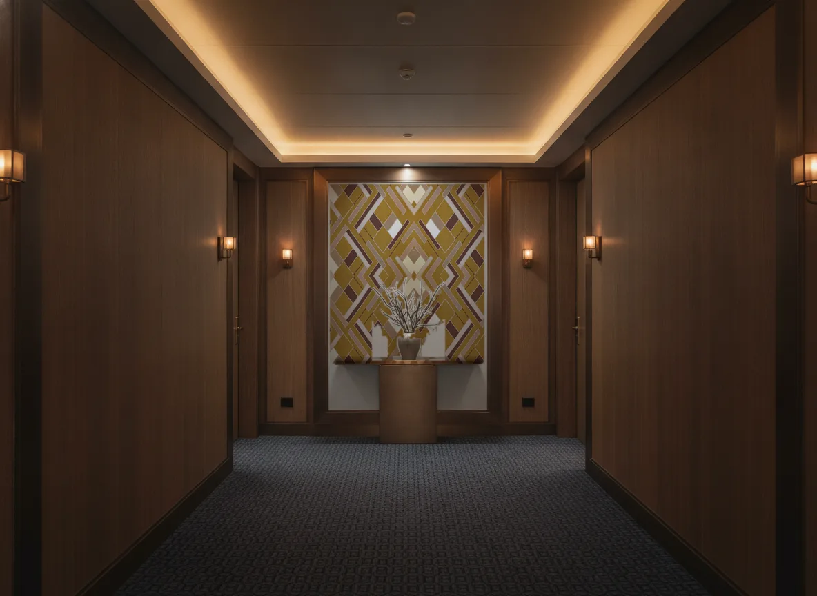 Shapes Delta — Ciemny korytarz hotelowy — ściana na końcu