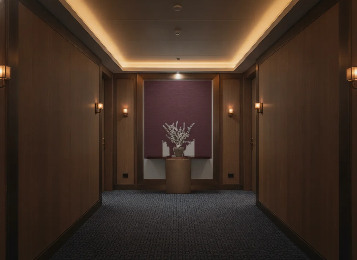 Shinok — Ciemny korytarz hotelowy — ściana na końcu