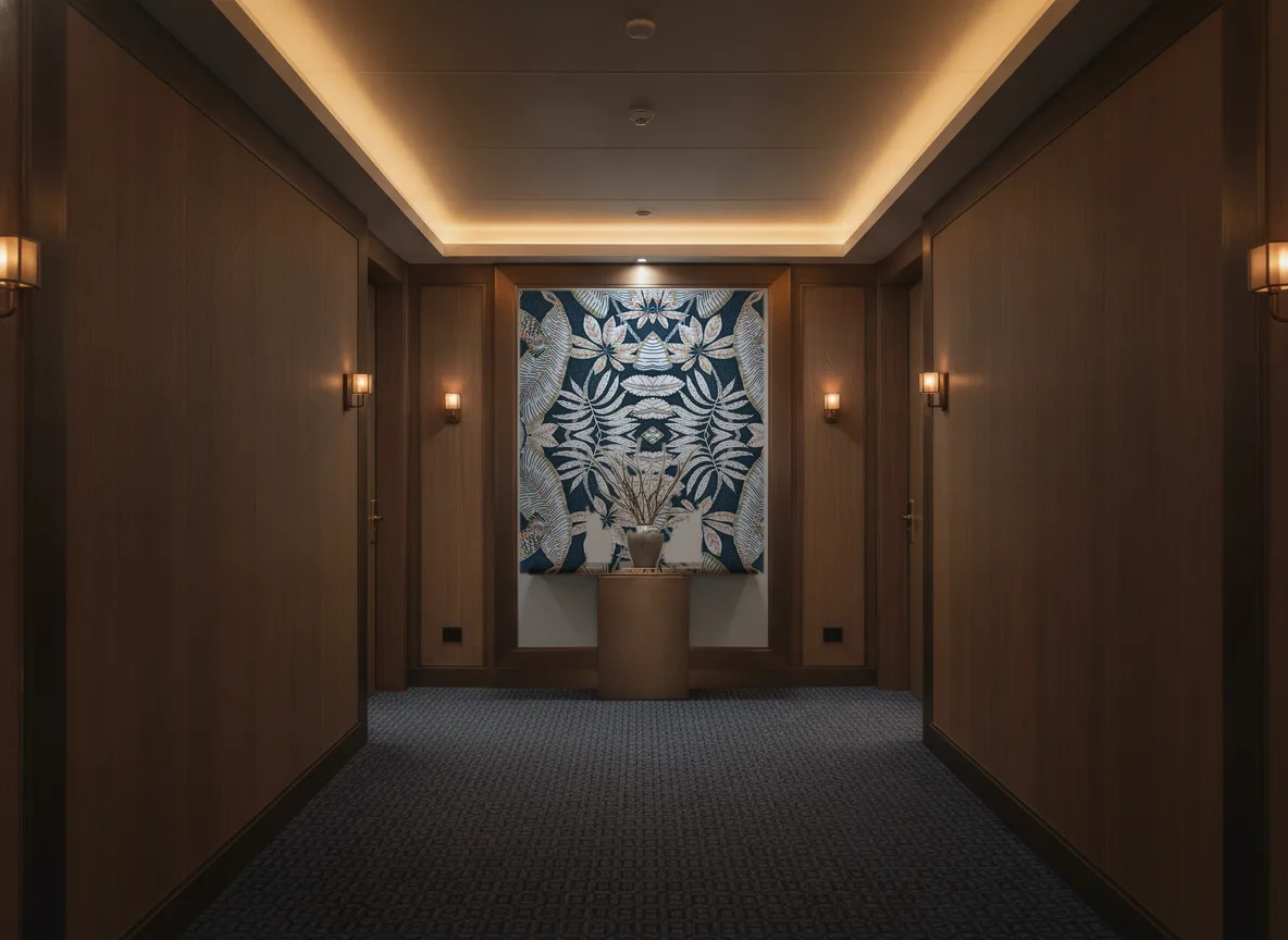Sibia — Ciemny korytarz hotelowy — ściana na końcu