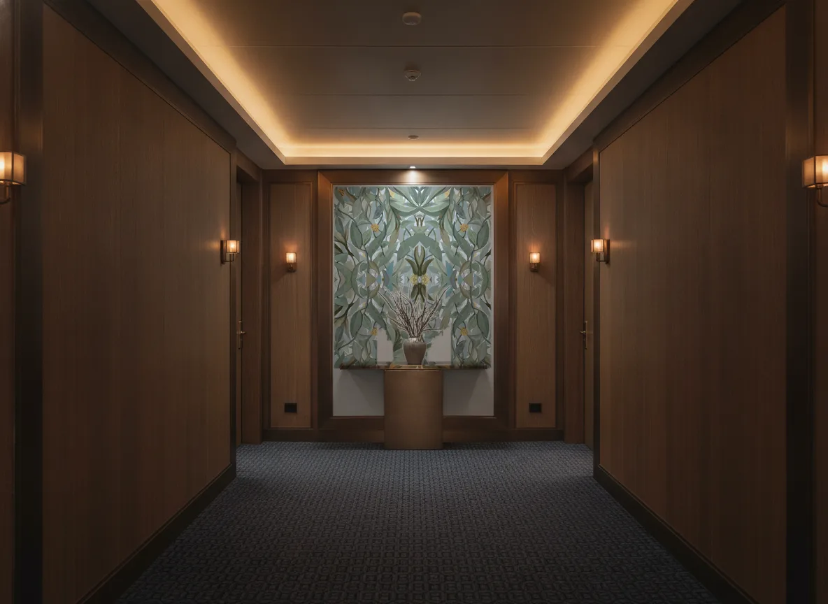 Solandra — Ciemny korytarz hotelowy — ściana na końcu