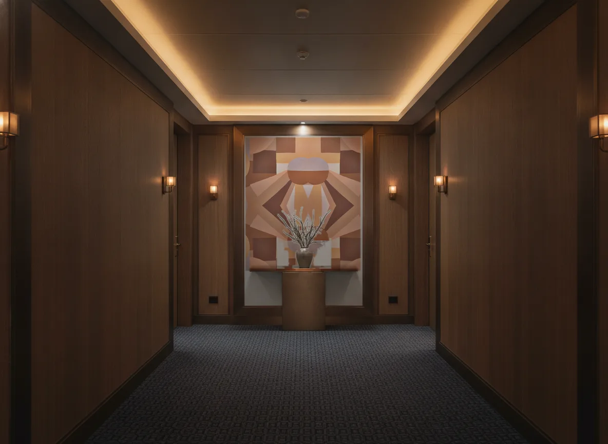 Sonia — Ciemny korytarz hotelowy — ściana na końcu