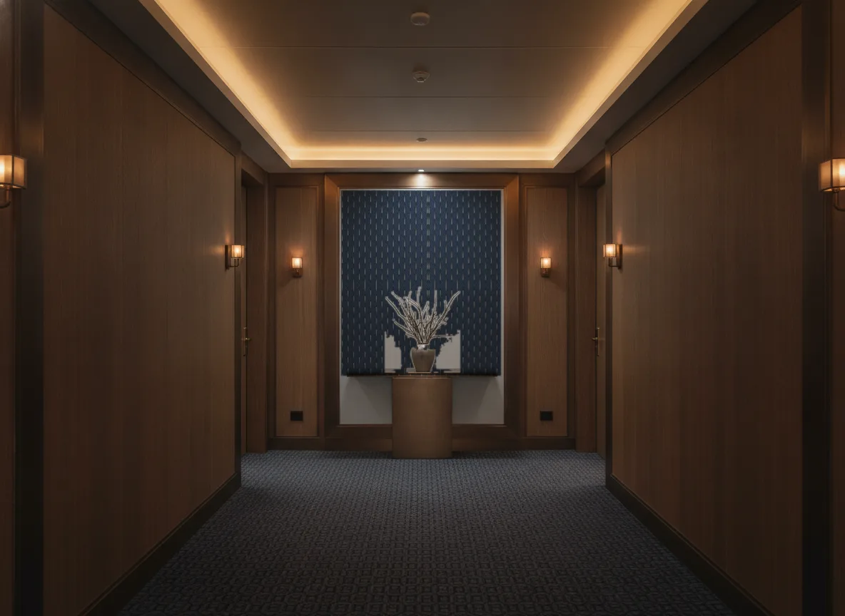 Stein Delta — Ciemny korytarz hotelowy — ściana na końcu
