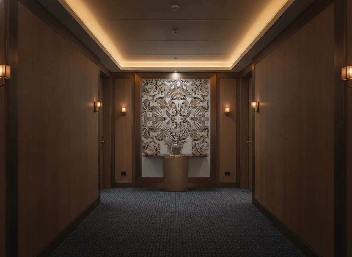 Tehuana — Ciemny korytarz hotelowy — ściana na końcu