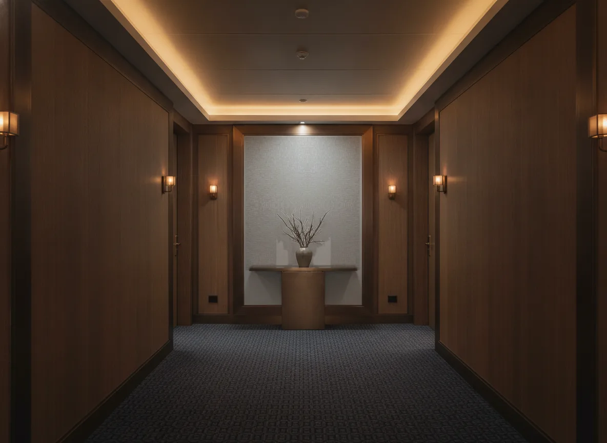 Tessela Select 7 — Ciemny korytarz hotelowy — ściana na końcu