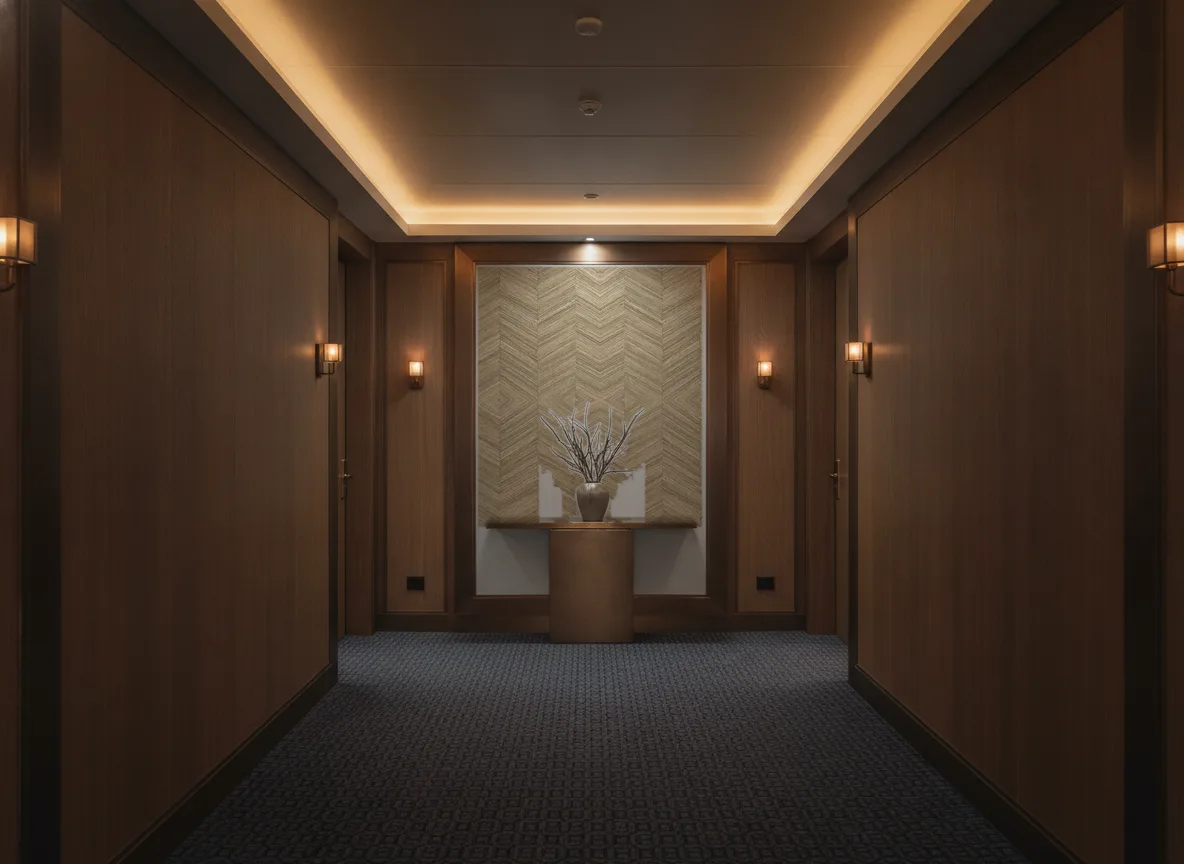 Textures Vegetales — Ciemny korytarz hotelowy — ściana na końcu