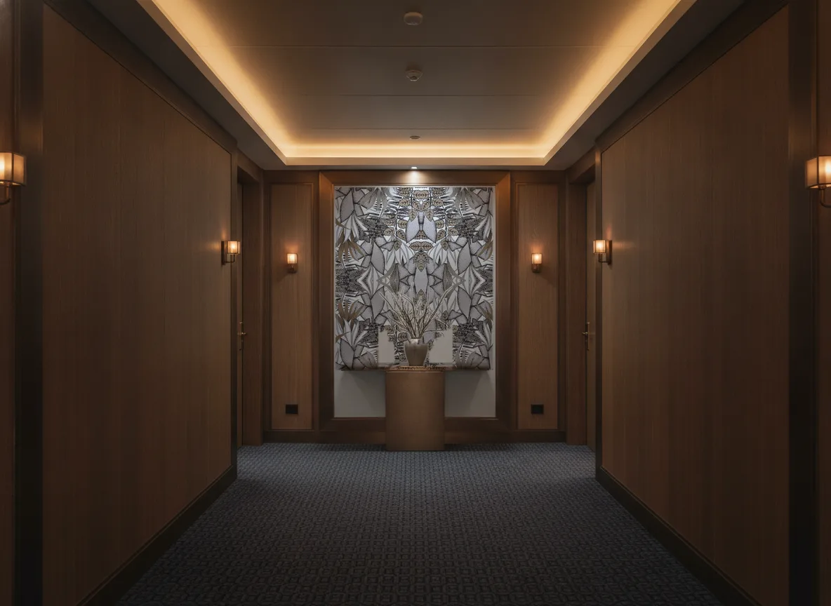 Tigris — Ciemny korytarz hotelowy — ściana na końcu