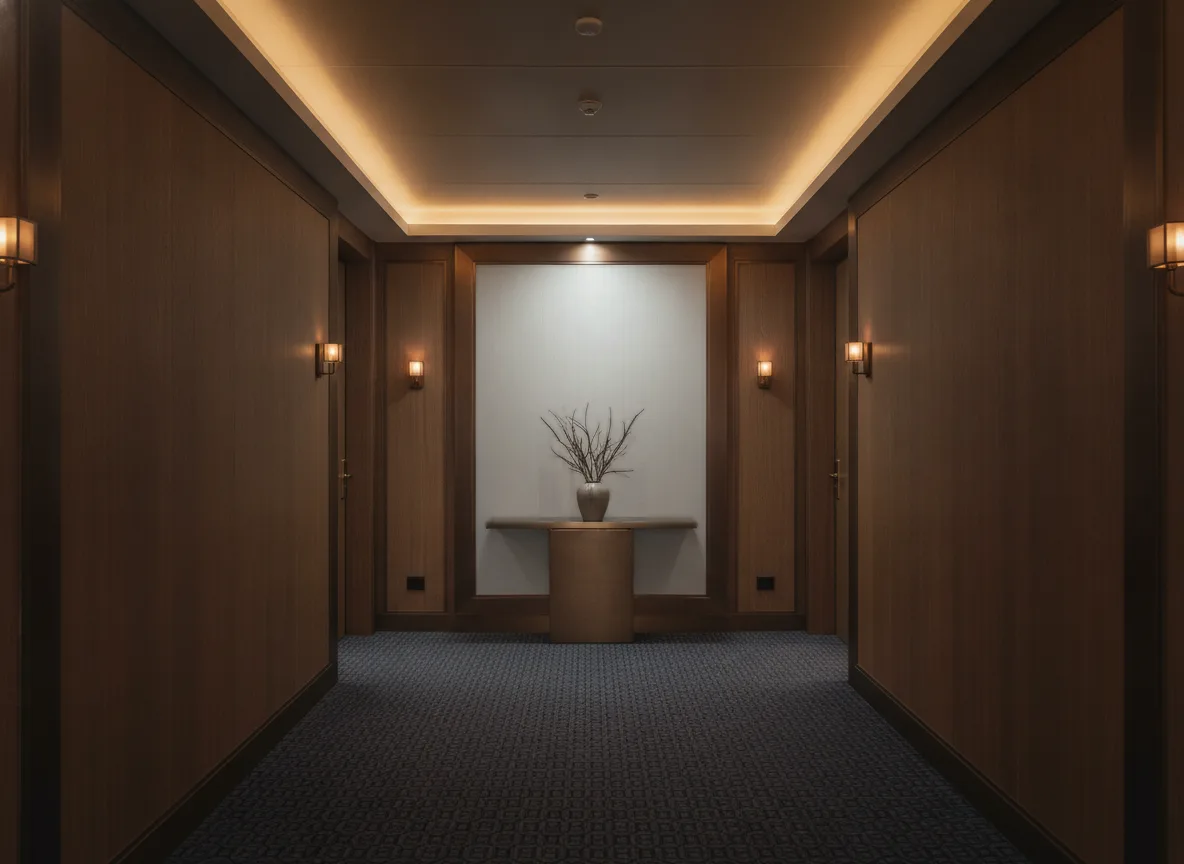 Tisaro — Ciemny korytarz hotelowy — ściana na końcu