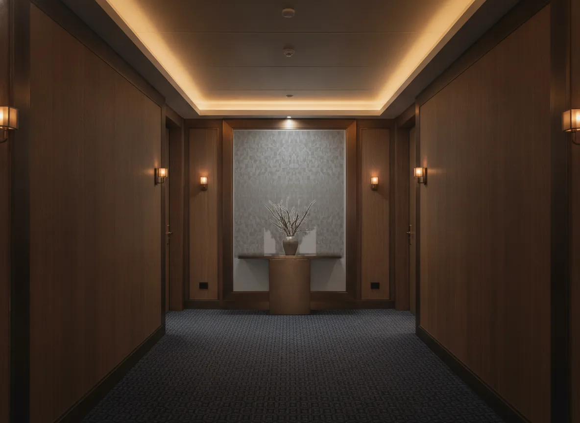 Tiznit Mansour — Ciemny korytarz hotelowy — ściana na końcu