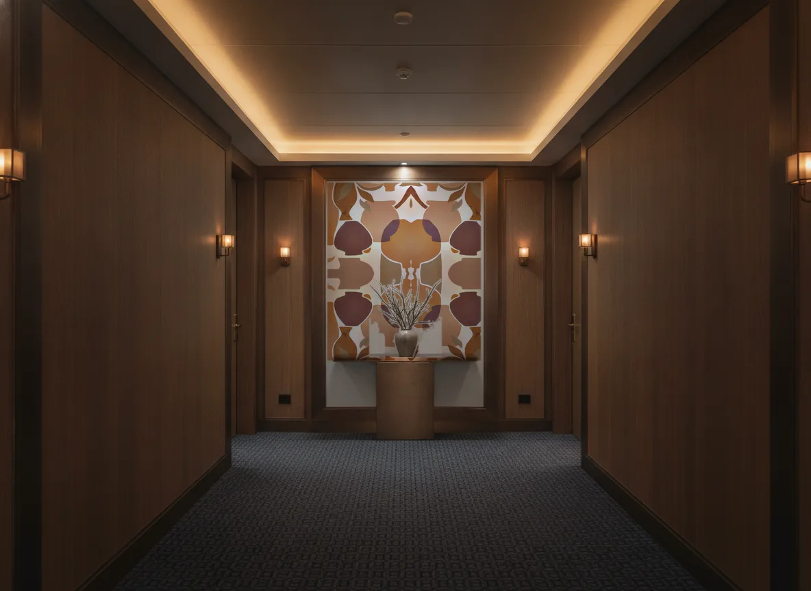 Vallauris — Ciemny korytarz hotelowy — ściana na końcu