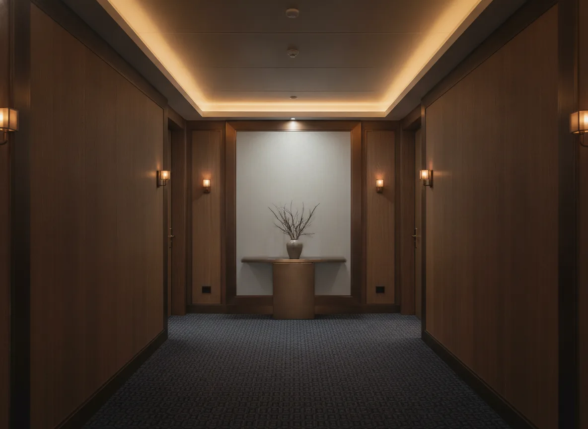 Vannora — Ciemny korytarz hotelowy — ściana na końcu