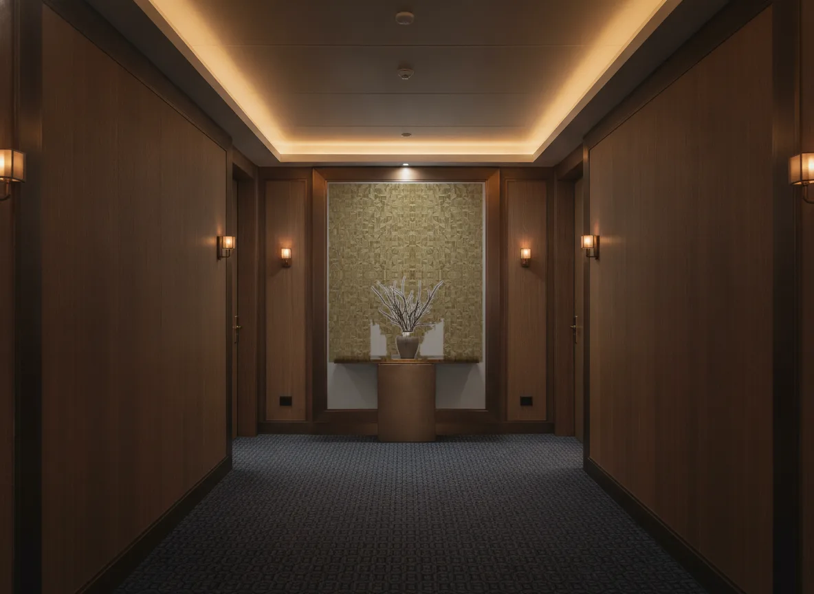 Veladero Textures Metalliques — Ciemny korytarz hotelowy — ściana na końcu