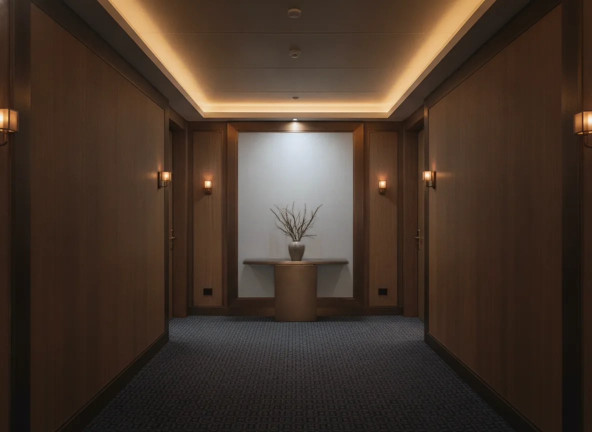 Velin — Ciemny korytarz hotelowy — ściana na końcu