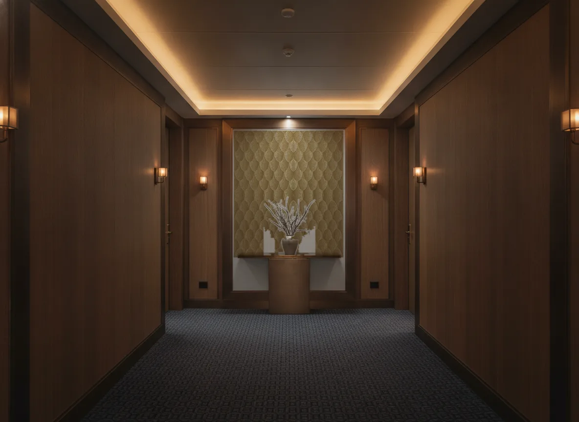 Vendome — Ciemny korytarz hotelowy — ściana na końcu