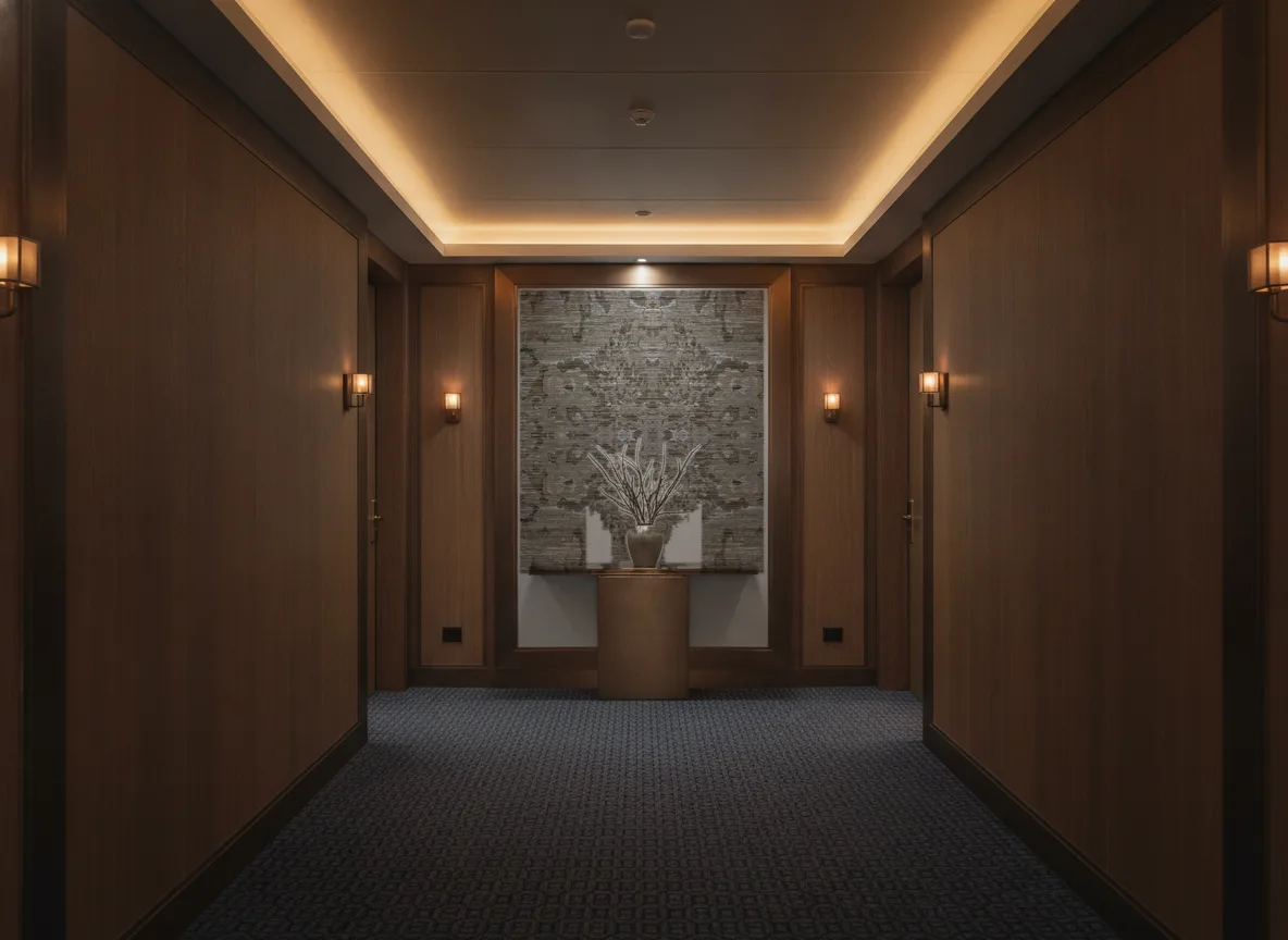 Verdure — Ciemny korytarz hotelowy — ściana na końcu
