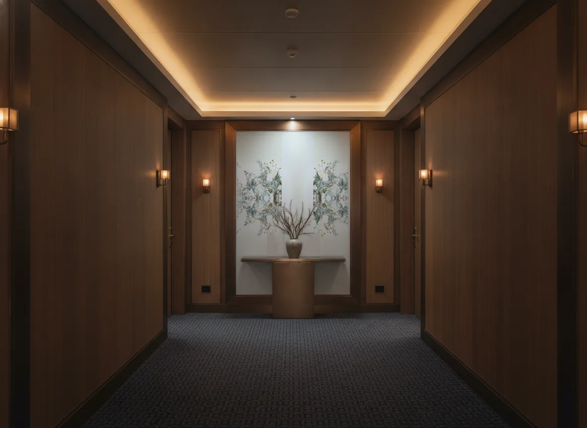 Wisteria — Ciemny korytarz hotelowy — ściana na końcu