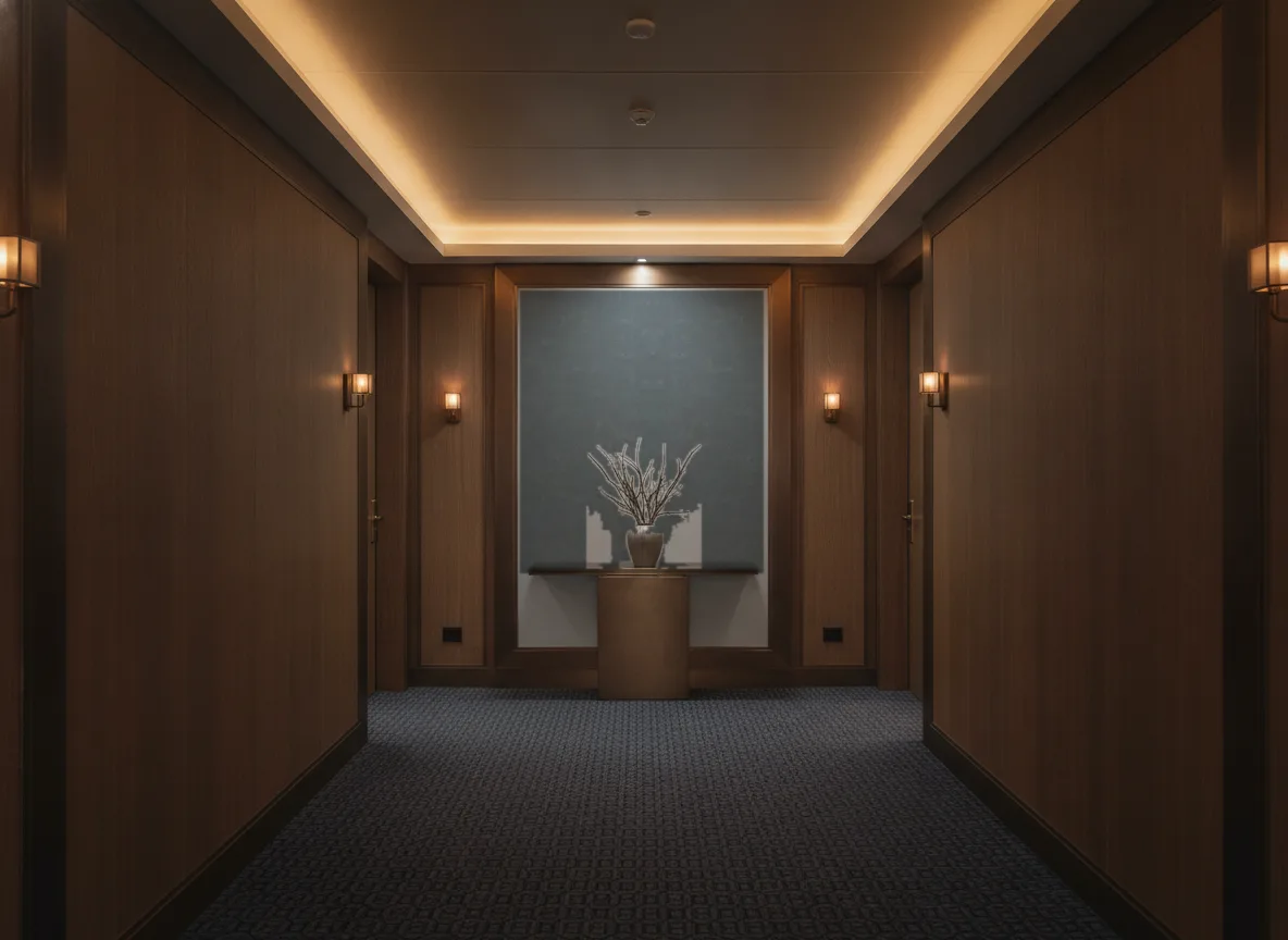 Bombay Exclusive — Ciemny korytarz hotelowy — ściana na końcu