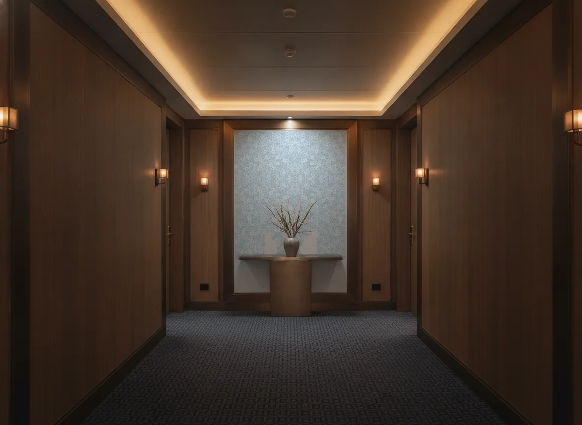 Kwiaty — Ciemny korytarz hotelowy — ściana na końcu