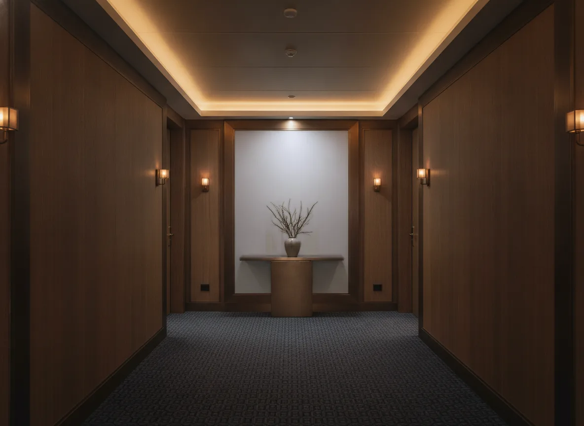 Minimalistyczna — Ciemny korytarz hotelowy — ściana na końcu